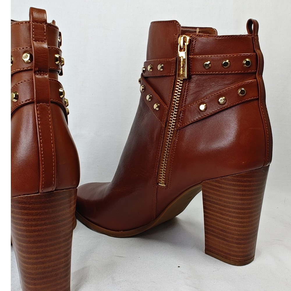 Michael Kors Kincaid Ankle Boots Brown Leather Studded Block Heel Logo 9M - Picture 7 of 9